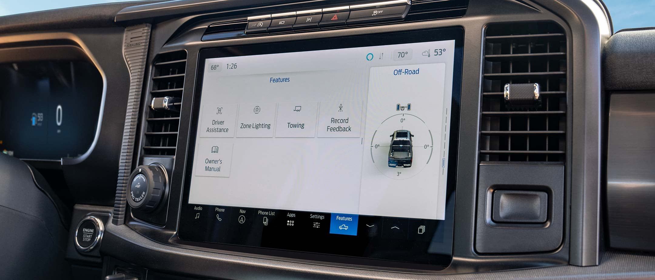 Close-up image of the 12-inch touchscreen on a 2025 Ford F-150® pickup